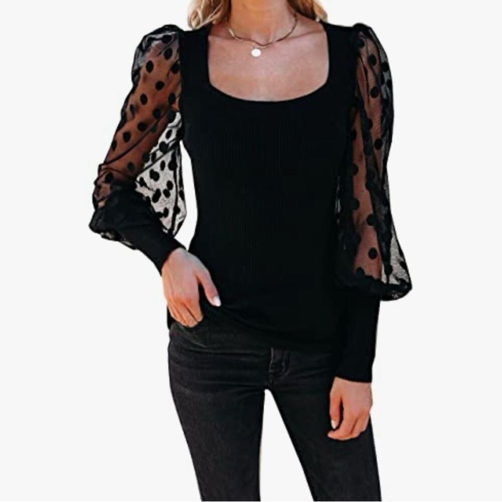 Vici, On Twelth Black Ribbed Sweater Polka Dot Sheer Sleeves, Sq Neck Size XS